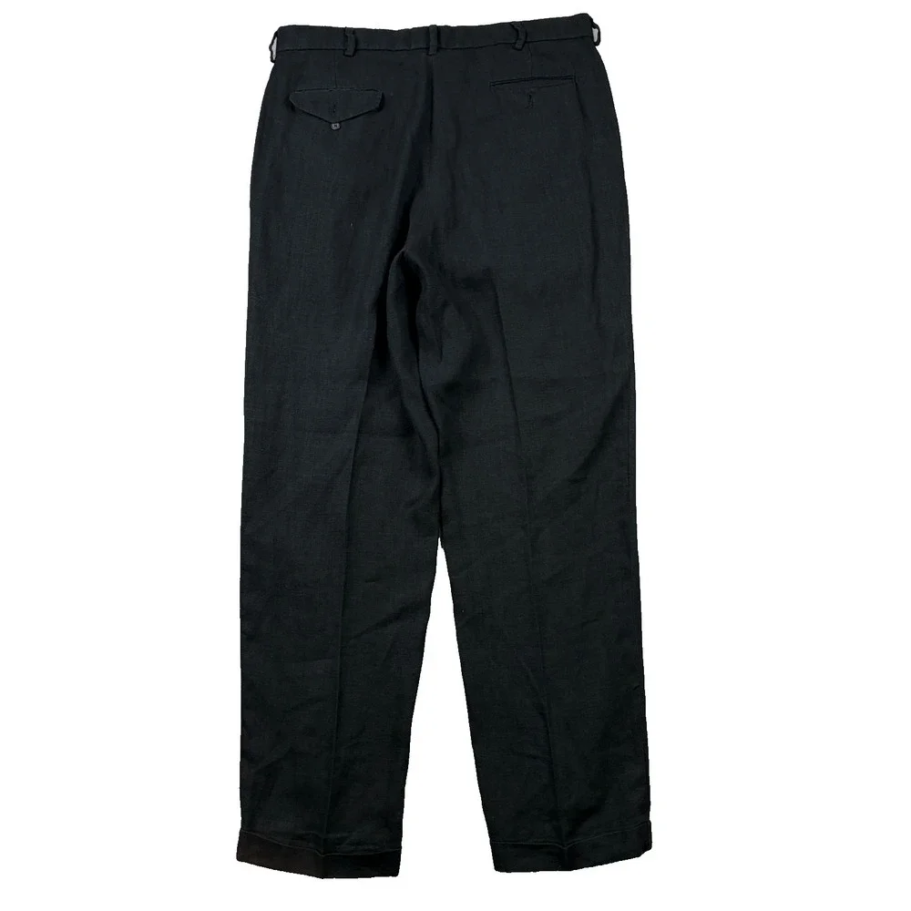 Polo Ralph Lauren Pants Mens 36x34 Black 100% Linen Pleated Cuffed High Rise Vtg